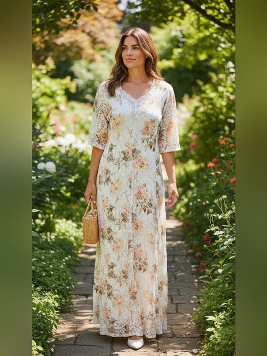 Nostalgia Dresses & Skirts - Floral Lace V-Neck Rayon Maxi Dress in Ivory and Peach